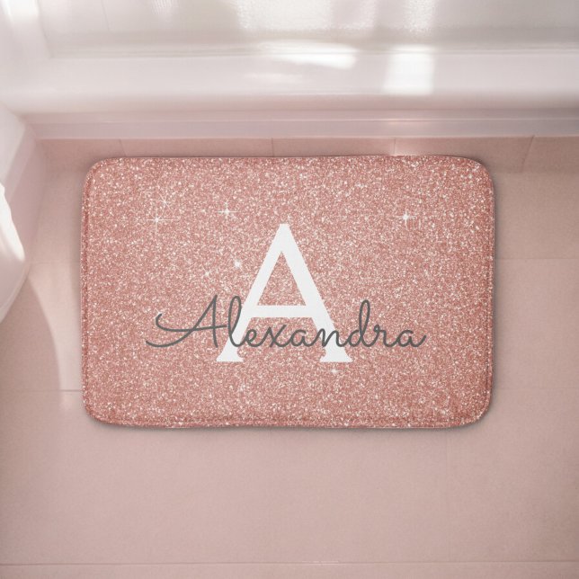 Rose Gold Pink Sparkle Glitzer Monogram Name Badematte (Von Creator hochgeladen)