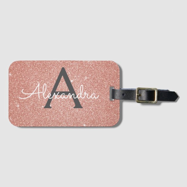 Rose Gold Pink Sparkle Glitzer Monogram Name Gepäckanhänger (Vorderseite (Horizontal))