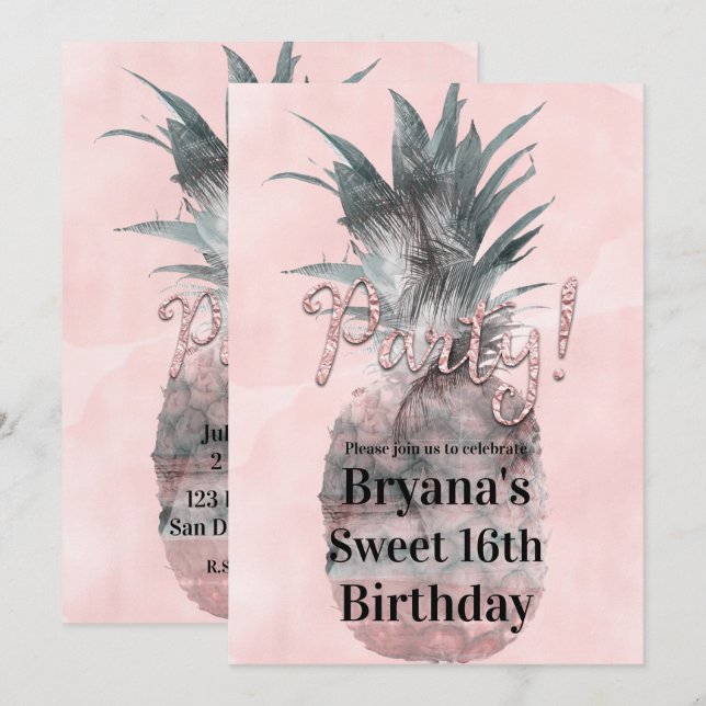 Rose Gold Pink Tropical Summer Ananas Party Einladung (Vorne/Hinten)