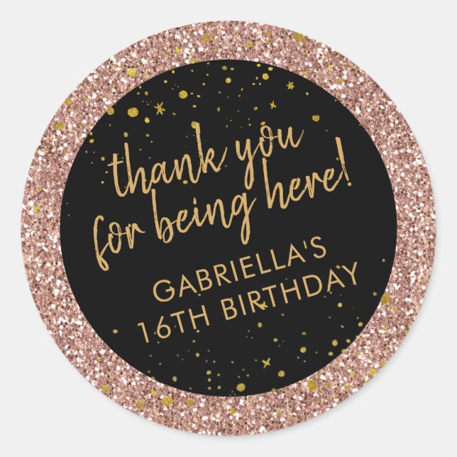 Rose Gold Pink und Schwarz Glitzer Danke für Ihre  Runder Aufkleber (Vorderseite)