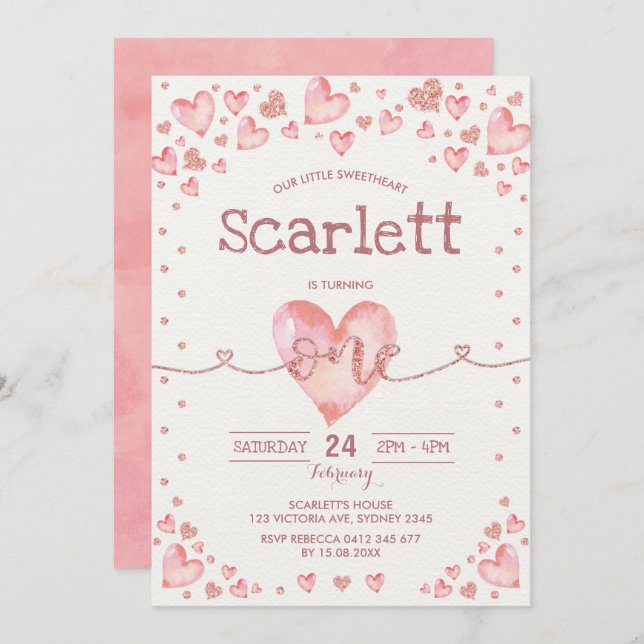Rose Gold Pink Valentines Sweetheart 1. Geburtstag Einladung (Vorne/Hinten)