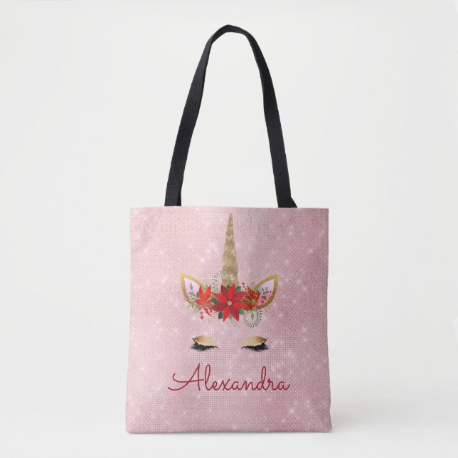 Rose Gold Pink Weihnachts Einhorn Monogramm (Vorderseite)
