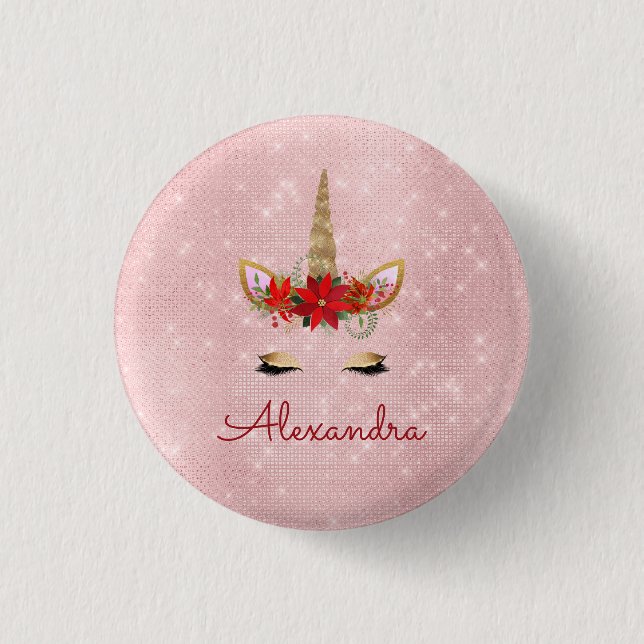 Rose Gold Pink Weihnachts Einhorn Monogramm Button (Vorderseite)