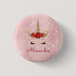 Rose Gold Pink Weihnachts Einhorn Monogramm Button