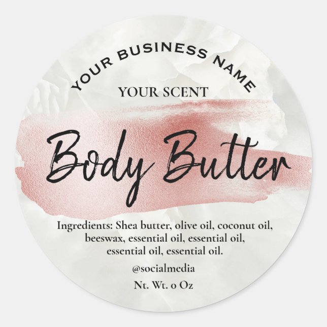 Rose Gold Pinsel Akzente Marbella Body Butter Labe Runder Aufkleber (Vorderseite)