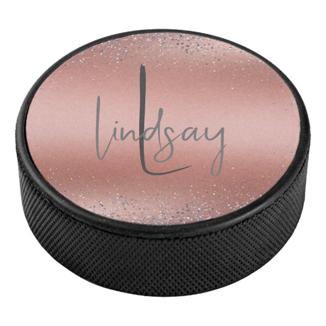 Rose Gold Pinsel Glitzer Monogram | Eishockey Puck (3/4)