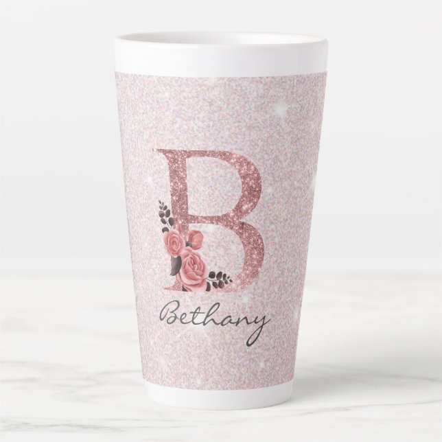 Rose Gold Pinsel Glitzer Monogramm Name Latte Tass Milchtasse (Vorderseite)