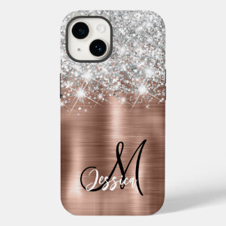 Rose Gold Pinselmetall Silber Glitzer Monogramm Case-Mate iPhone 14 Hülle