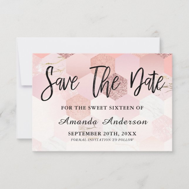 Rose Gold Pinselschrift Sweet 16 Save The Date (Vorderseite)