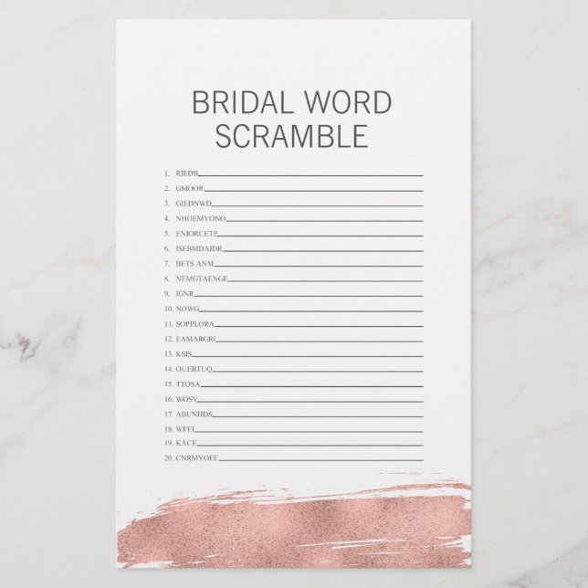 Rose Gold Pinselstrich Bridal Word Scramble (Vorderseite)