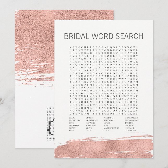 Rose Gold Pinselstrich Bridal Word Search Game Einladung (Vorne/Hinten)