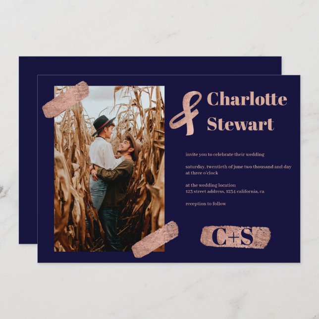 Rose Gold Pinselstrich elegante schicke Hochzeitsf Einladung (Vorne/Hinten)