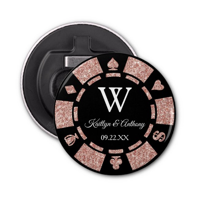 Rose Gold Poker Chip Casino Hochzeitsfeier Gefalle Flaschenöffner (Vorderseite)