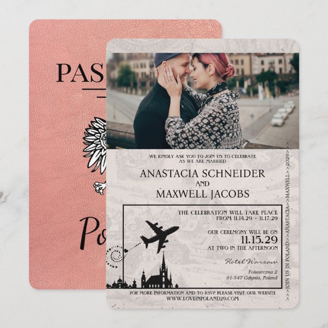 Rose Gold Poland Pass Einladung zur Hochzeit (Vorne/Hinten)