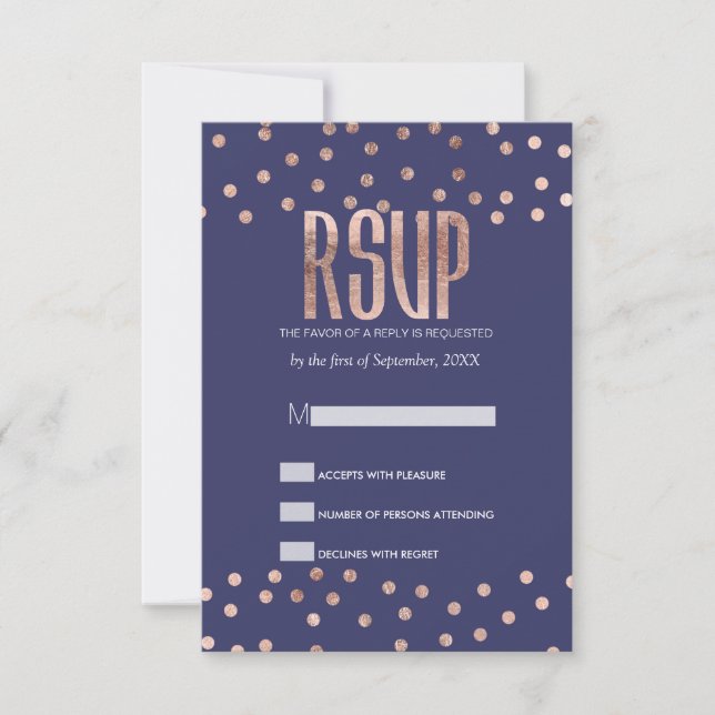 Rose Gold Polka Dots Light Navy Blue RSVP Cards Karte (Vorderseite)