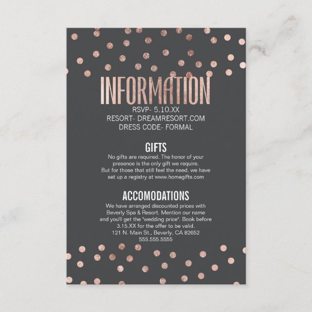 Rose Gold Polka Dots und Holzkohle Black Wedding Begleitkarte (Vorderseite)