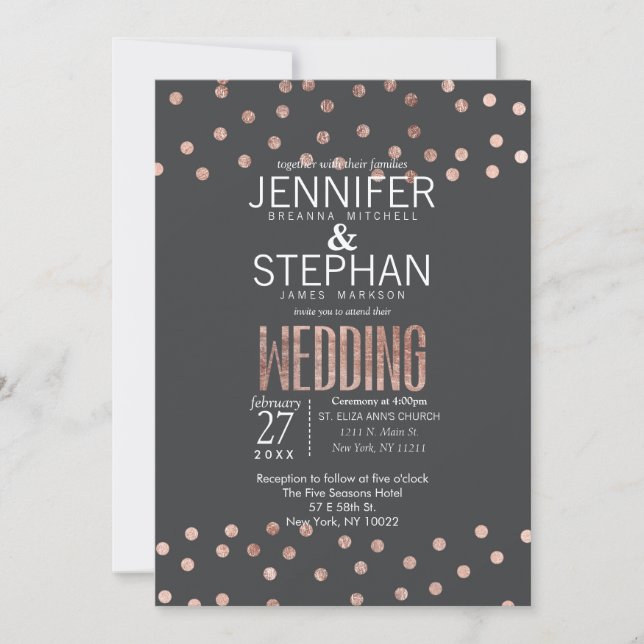 Rose Gold Polka Dots und Holzkohle Black Wedding Einladung (Vorderseite)