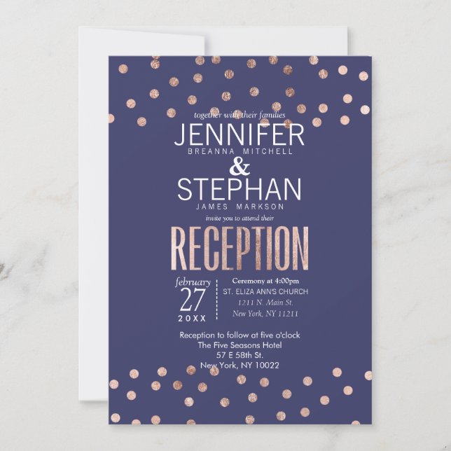 Rose Gold Polka Dots und Light Navy Blue Empfang Einladung (Vorderseite)