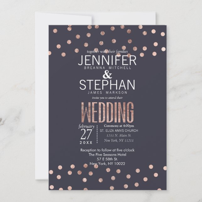 Rose Gold Polka Dots und Navy Blue Wedding Einladung (Vorderseite)