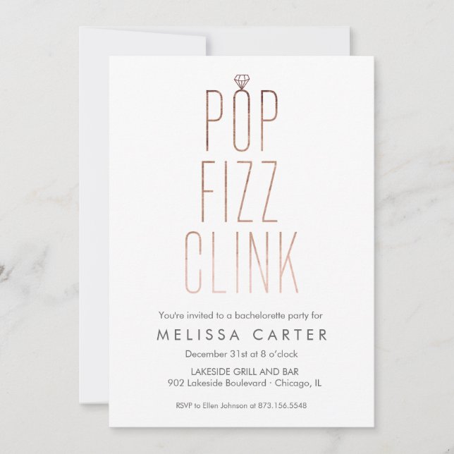 Rose Gold Pop Fizz Clink Bachelorette Imitate Foss Einladung (Vorderseite)