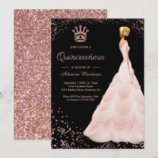 Rose Gold Princess Dress Black Quinceanera Einladung