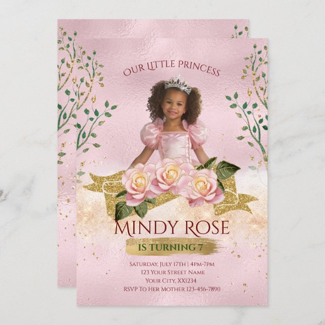Rose Gold Princess Kindergeburtstag Einladung (Vorne/Hinten)