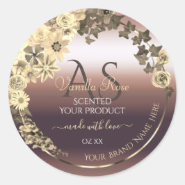 Rose Gold Product Label Creme Blume und Monogramm Runder Aufkleber