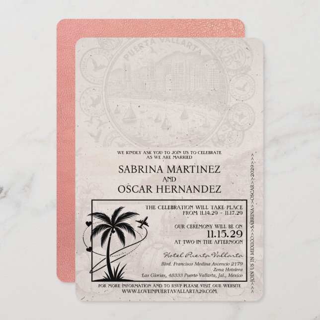 Rose Gold Puerta Vallarta Einladung (Vorne/Hinten)