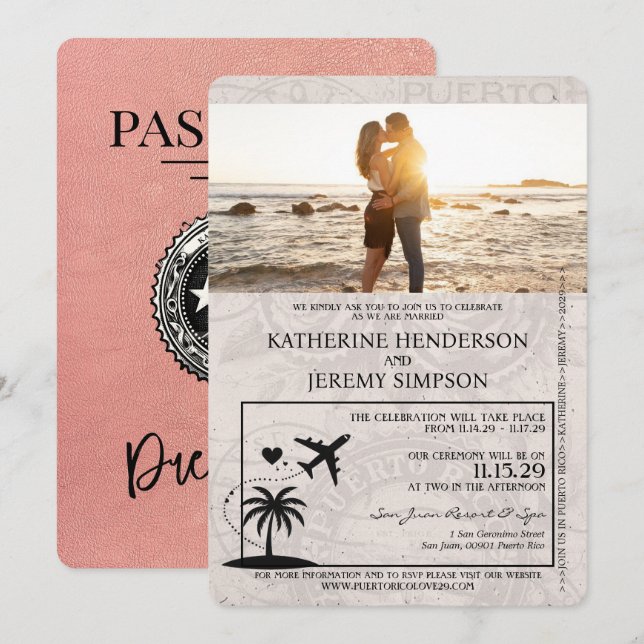 Rose Gold Puerto Rico Passport Wedding Einladung (Vorne/Hinten)
