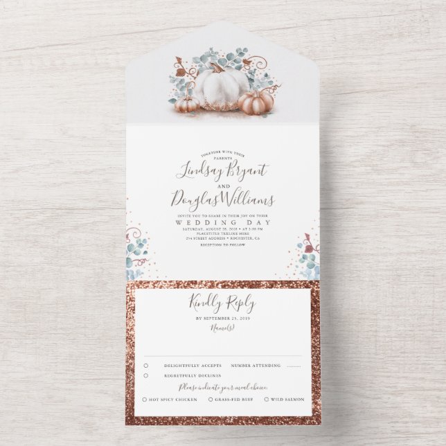 Rose Gold Pumpkins Eucalyptus Verlasse Hochzeit im All In One Einladung (Innen Boden)