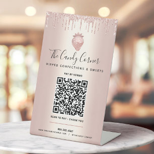 Rose Gold QR-Code Hier Zahlen Erdbeere Glitter Dri Sockelschild