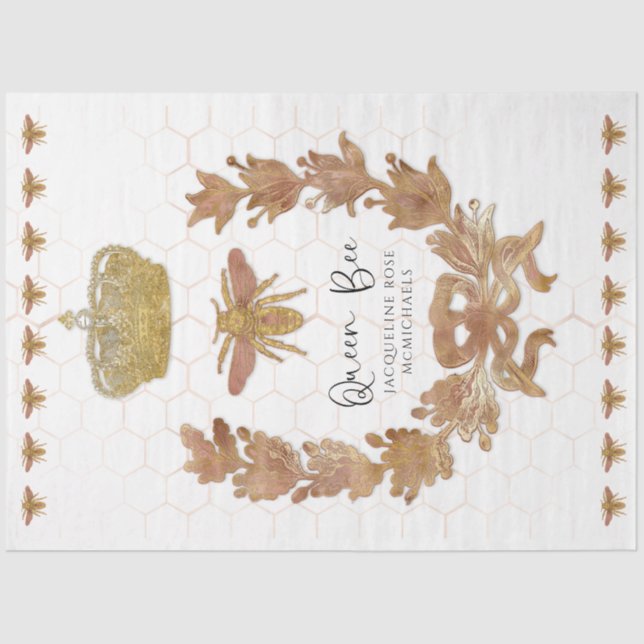 Rose Gold Queen Bee Crown Baby Name Decoupage Seidenpapier (Vorderseite)