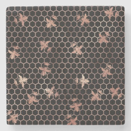 Rose Gold Queen Bees and Honeycomb on Black Steinuntersetzer