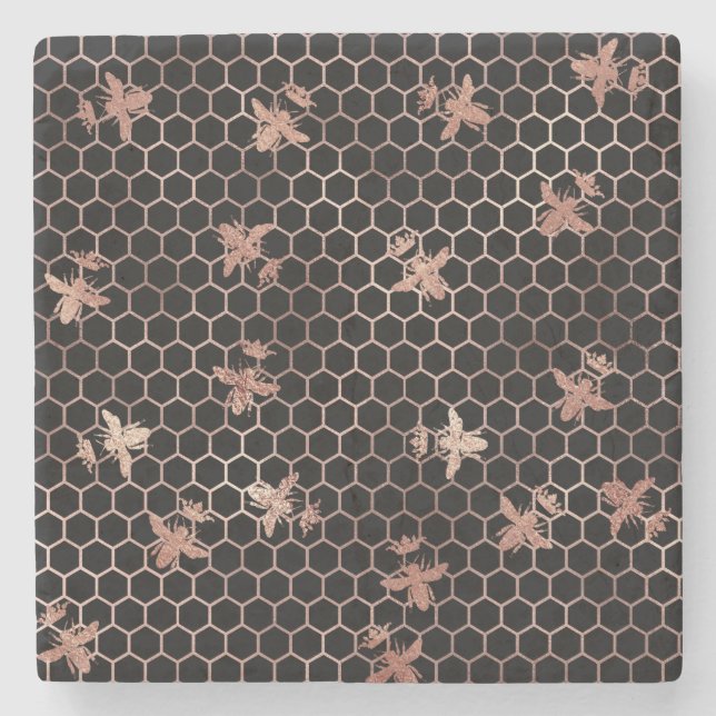 Rose Gold Queen Bees and Honeycomb on Black Steinuntersetzer (Vorderseite)