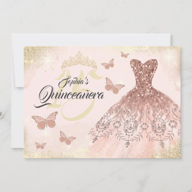 Rose Gold Quinceanera Butterfly Kleid Einladung (Vorderseite)