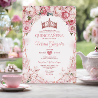 Rose Gold Quinceañera Crown Butterfly 15 Anos Einladung