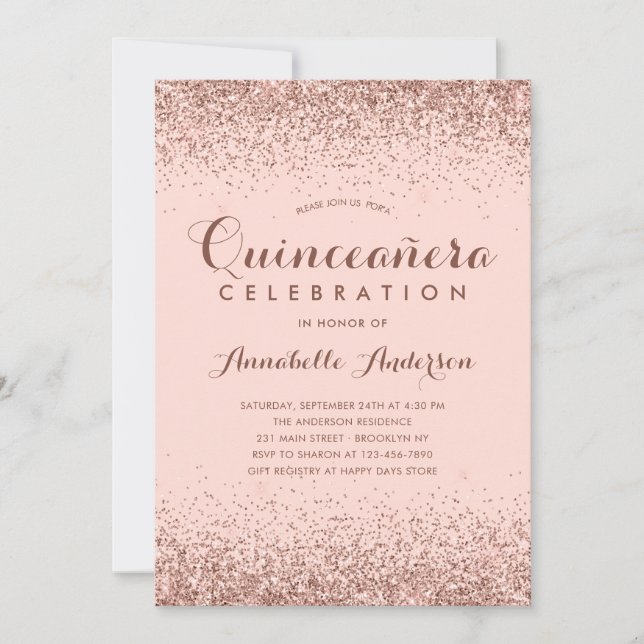 Rose Gold Quinceañera Glitzer Elegante Geburtstag Einladung (Vorderseite)