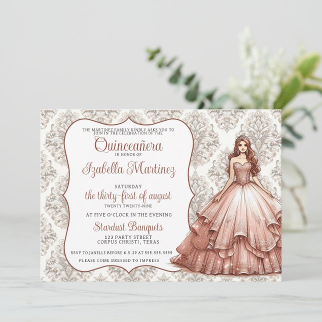 Rose Gold Quinceañera Kleidung Einladung (Stehend Vorderseite)