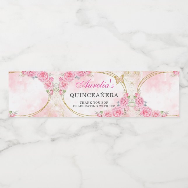 Rose Gold Quinceanera Miss Quince 15 Anos Geburtst Wasserflaschenetikett (Einzelnes Label)