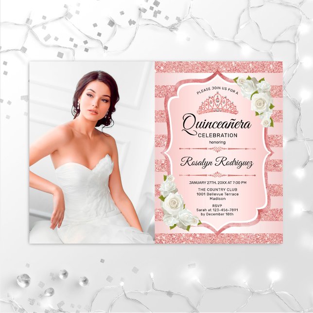 Rose Gold Quinceanera mit Foto - Weißrosen Einladung (Von Creator hochgeladen)