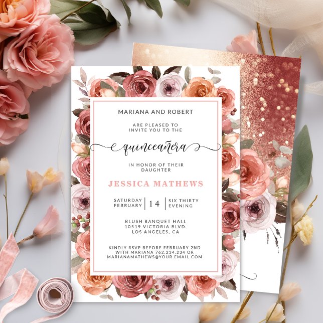 Rose Gold Quinceañera mit Rosa und Blüten Einladung (Von Creator hochgeladen)