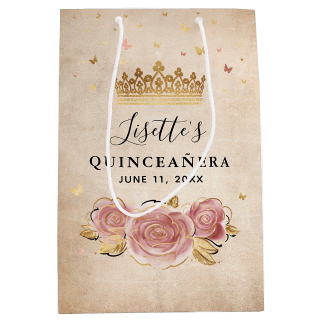 Rose Gold Quinceanera Mittlere Geschenktüte (Vorderseite)