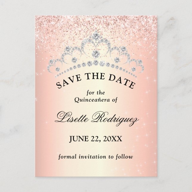Rose Gold Quinceanera Save the Date Postkarte (Vorderseite)