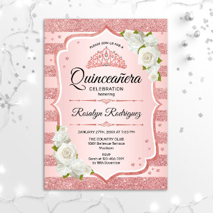 Rose Gold Quinceanera - Weißrosen Einladung