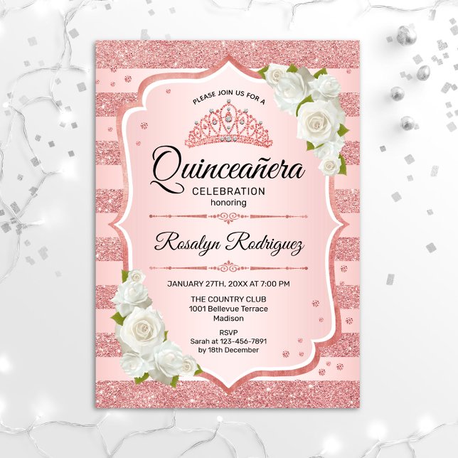 Rose Gold Quinceanera - Weißrosen Einladung (Von Creator hochgeladen)