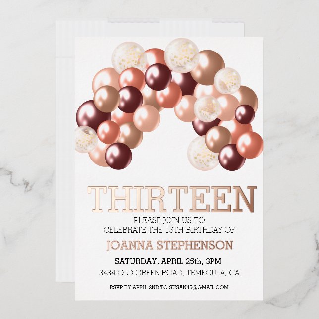 Rose Gold Real Foil 13. Any Year Balloon Arch Folieneinladung (Briefumschlag)