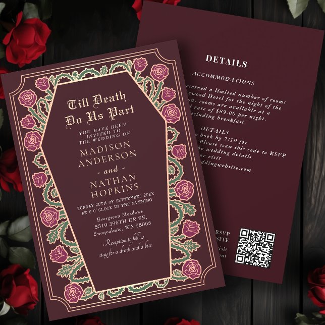 Rose Gold Red Gothic Coffin Wedding QR Code Einladung (Von Creator hochgeladen)