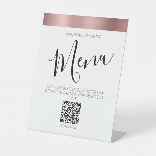 Rose Gold Restaurant Menü QR Code Pedestale Schild (Vorderseite)