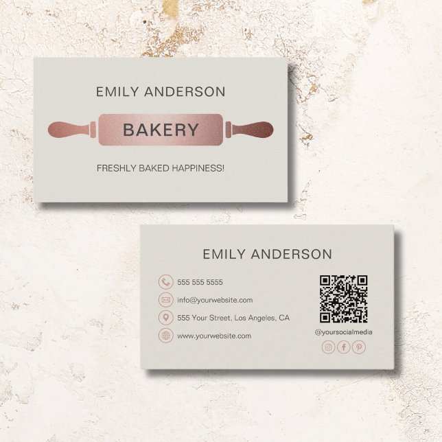 Rose Gold Rolling Button Bäckerei QR Code Visitenkarte (Rose Gold Rolling Pin Bakery QR Code Business Card)
