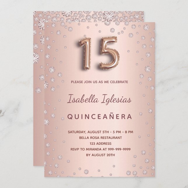 Rose Gold rosa Diamanten Quinceanera Einladung (Vorne/Hinten)